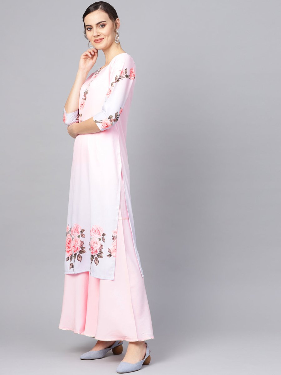 Ahalyaa Pastel Pink Floral Print Kurta With Sharara & Dupatta | Grocsy