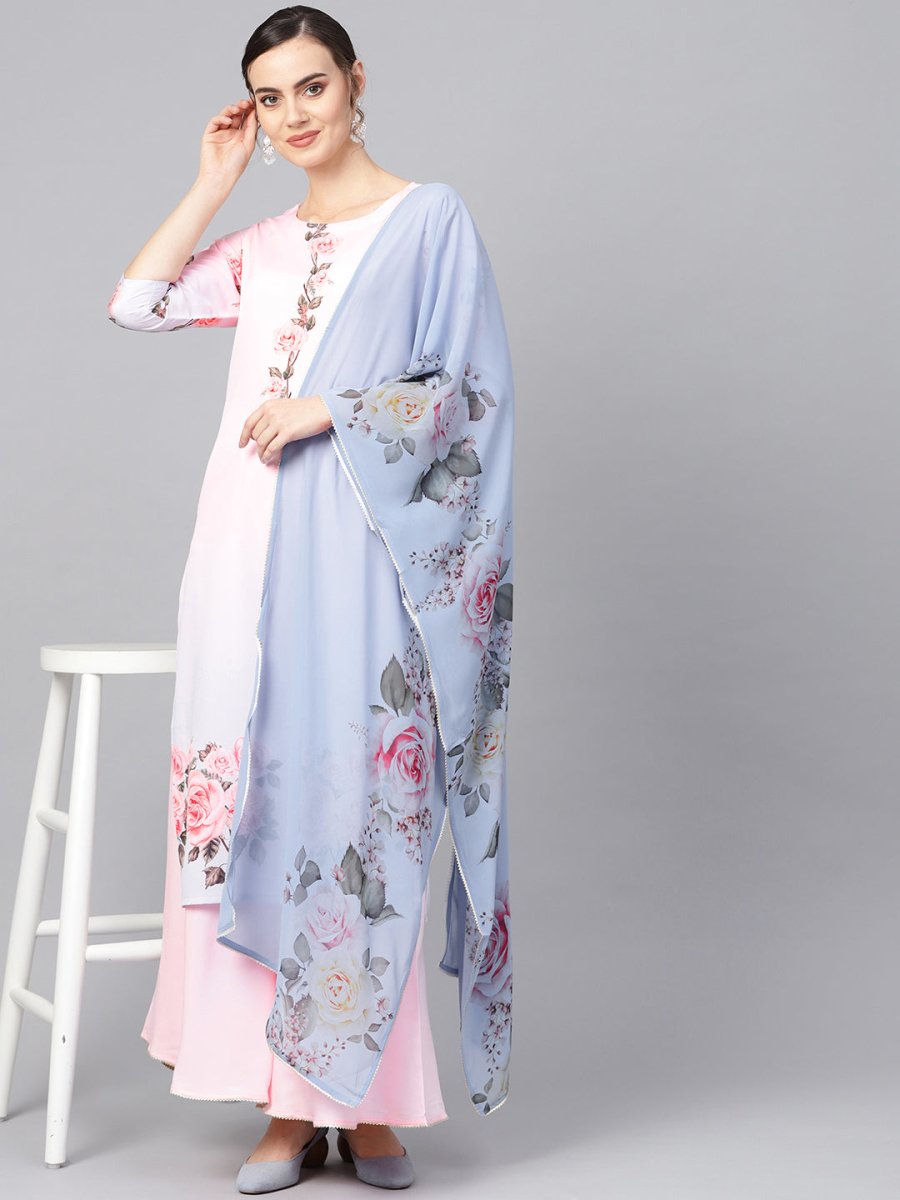 Ahalyaa Pastel Pink Floral Print Kurta With Sharara & Dupatta | Grocsy