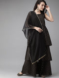 Ahalyaa Women Black & Golden Printed Tiered Kurta With Sharara & Dupatta | Grocsy
