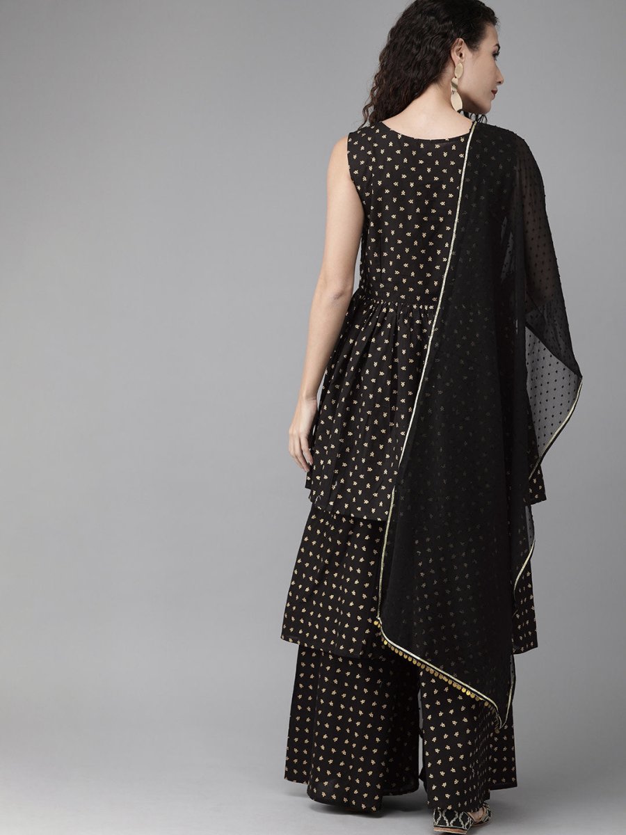 Ahalyaa Women Black & Golden Printed Tiered Kurta With Sharara & Dupatta | Grocsy