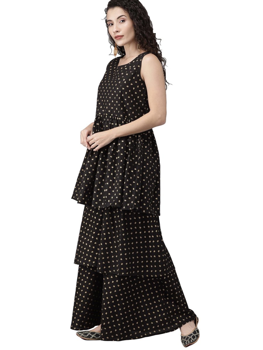 Ahalyaa Women Black & Golden Printed Tiered Kurta With Sharara & Dupatta | Grocsy