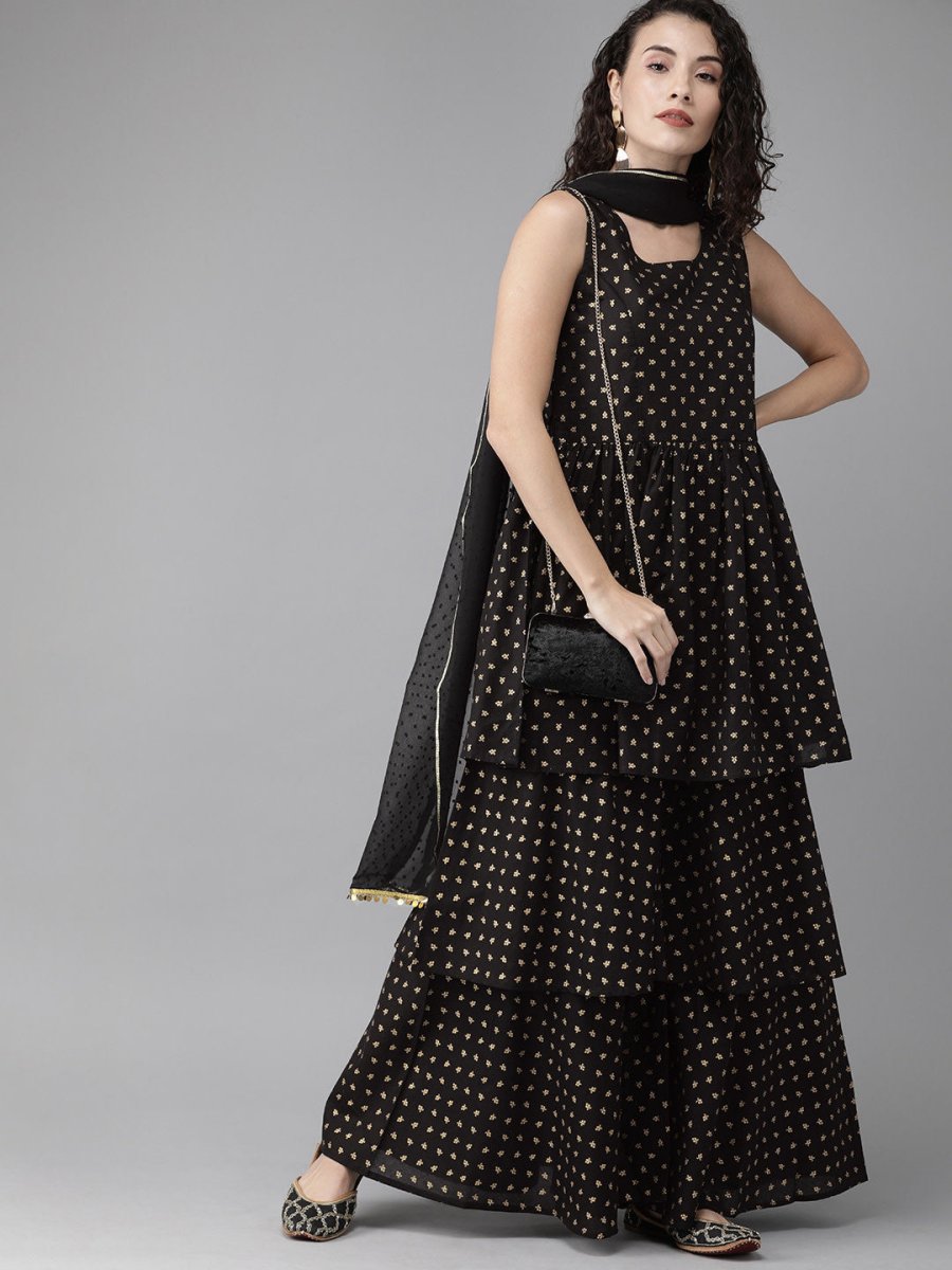 Ahalyaa Women Black & Golden Printed Tiered Kurta With Sharara & Dupatta | Grocsy