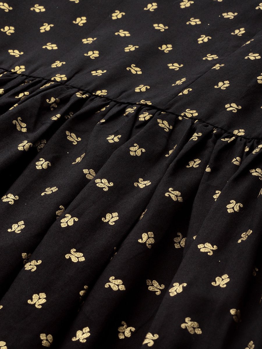 Ahalyaa Women Black & Golden Printed Tiered Kurta With Sharara & Dupatta | Grocsy