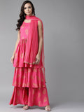 Ahalyaa Pink & Golden Foil Print Kurti with Sharara & Dupatta | Grocsy