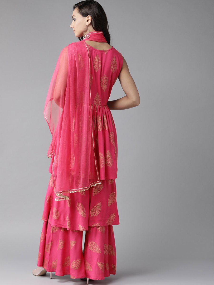 Ahalyaa Pink & Golden Foil Print Kurti with Sharara & Dupatta | Grocsy