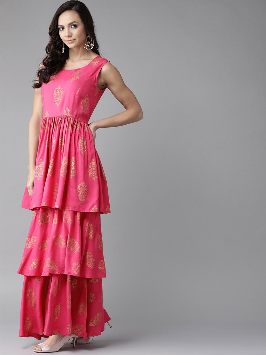 Ahalyaa Pink & Golden Foil Print Kurti with Sharara & Dupatta | Grocsy
