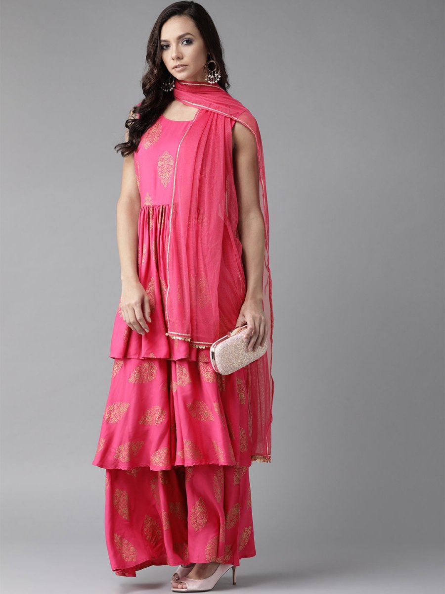 Ahalyaa Pink & Golden Foil Print Kurti with Sharara & Dupatta | Grocsy