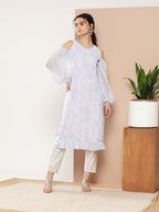 Ahalyaa Women Blue & White Floral Printed Cold-Shoulder Sleeves Gotta Patti Georgette Kurta | Grocsy