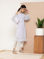 Ahalyaa Women Blue & White Floral Printed Cold-Shoulder Sleeves Gotta Patti Georgette Kurta | Grocsy