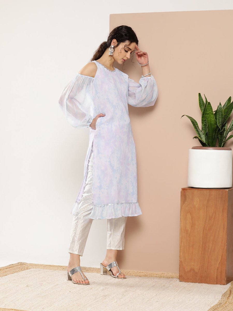 Ahalyaa Women Blue & White Floral Printed Cold-Shoulder Sleeves Gotta Patti Georgette Kurta | Grocsy