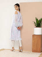 Ahalyaa Women Blue & White Floral Printed Cold-Shoulder Sleeves Gotta Patti Georgette Kurta | Grocsy