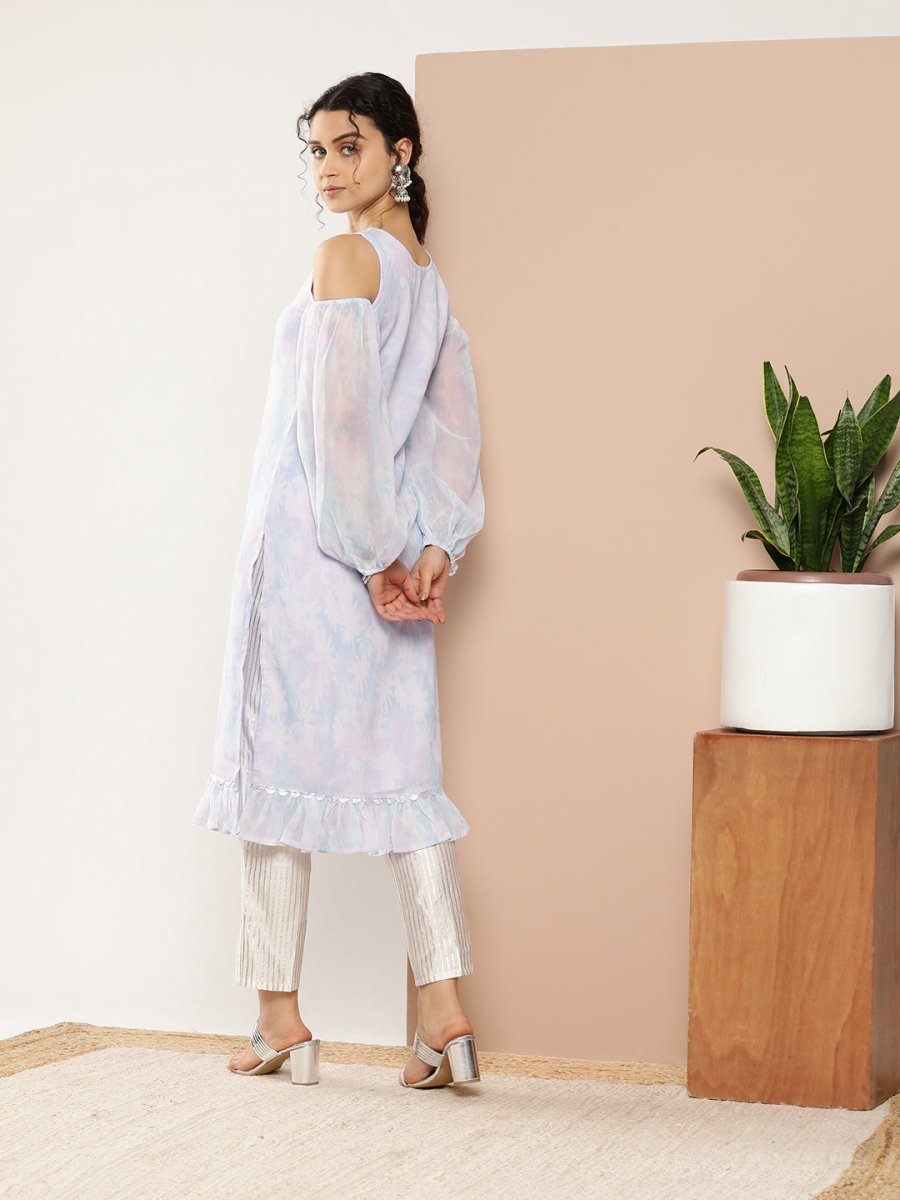 Ahalyaa Women Blue & White Floral Printed Cold-Shoulder Sleeves Gotta Patti Georgette Kurta | Grocsy