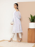 Ahalyaa Women Blue & White Floral Printed Cold-Shoulder Sleeves Gotta Patti Georgette Kurta | Grocsy