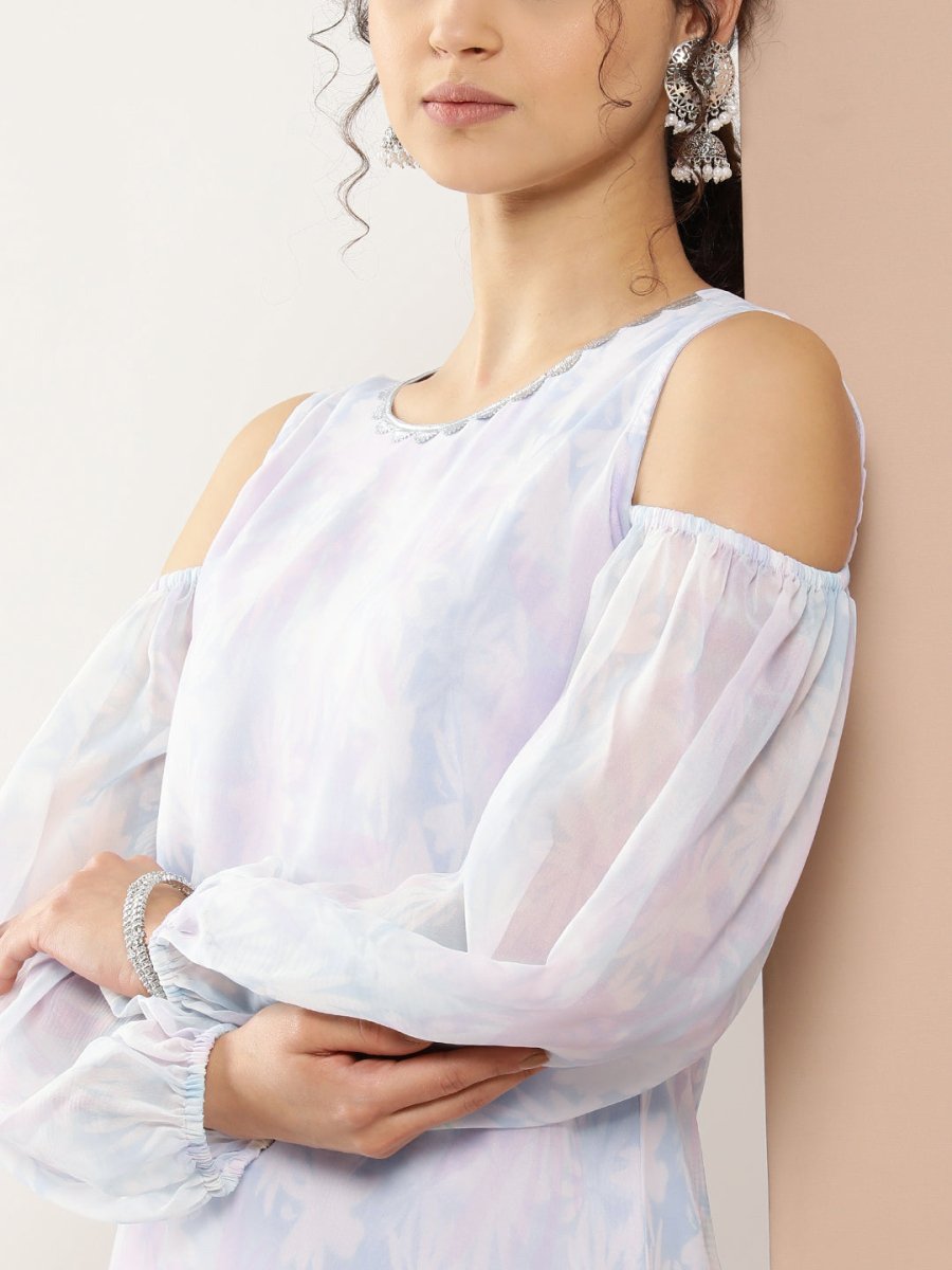 Ahalyaa Women Blue & White Floral Printed Cold-Shoulder Sleeves Gotta Patti Georgette Kurta | Grocsy