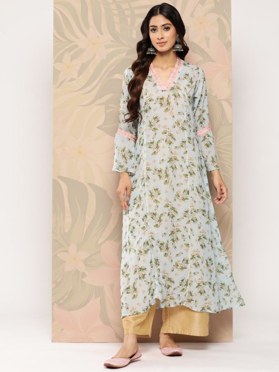 Ahalyaa Floral Printed Bell Sleeves Gotta Patti Georgette Kurta | Grocsy