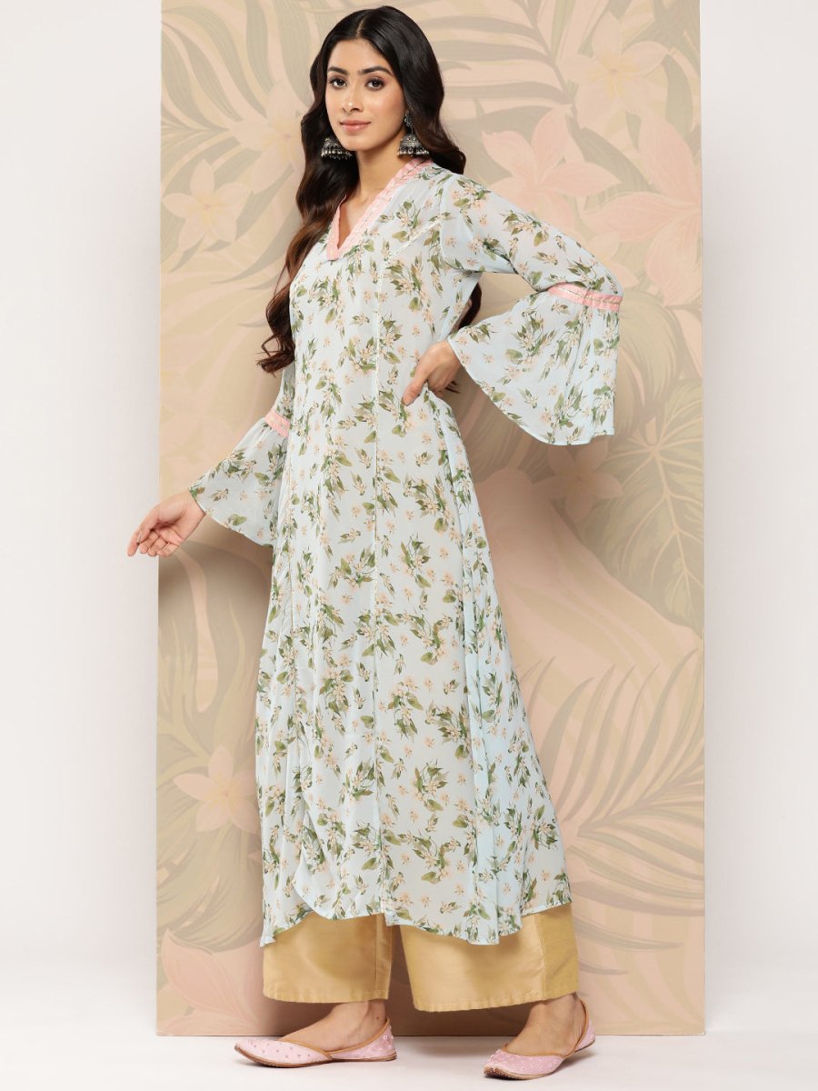 Ahalyaa Floral Printed Bell Sleeves Gotta Patti Georgette Kurta | Grocsy