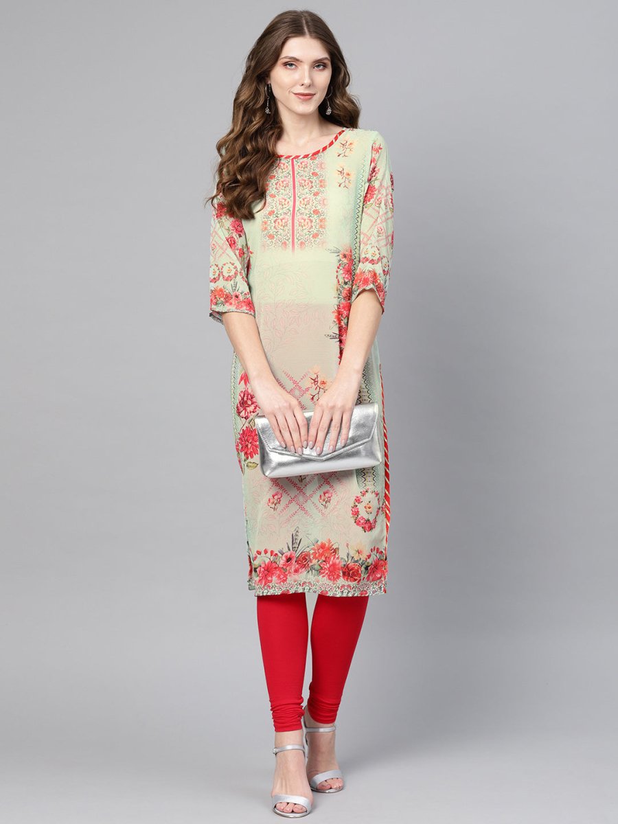 Ahalyaa Green & Coral Pink Floral Print Straight Kurta | Grocsy