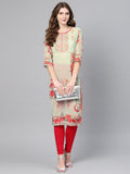 Ahalyaa Green & Coral Pink Floral Print Straight Kurta | Grocsy