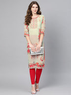 Ahalyaa Green & Coral Pink Floral Print Straight Kurta | Grocsy