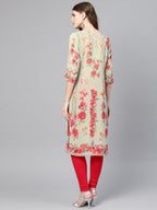 Ahalyaa Green & Coral Pink Floral Print Straight Kurta | Grocsy