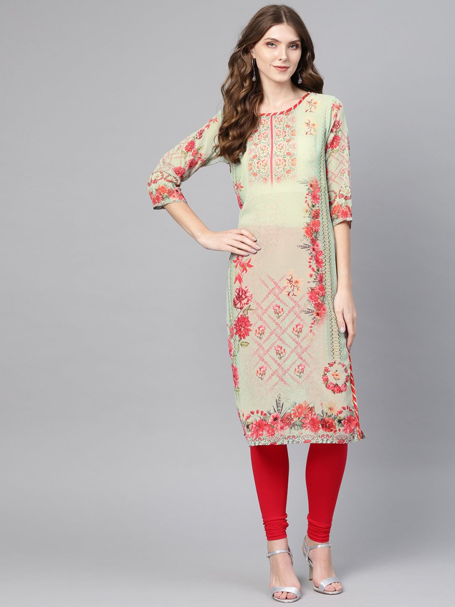 Ahalyaa Green & Coral Pink Floral Print Straight Kurta | Grocsy