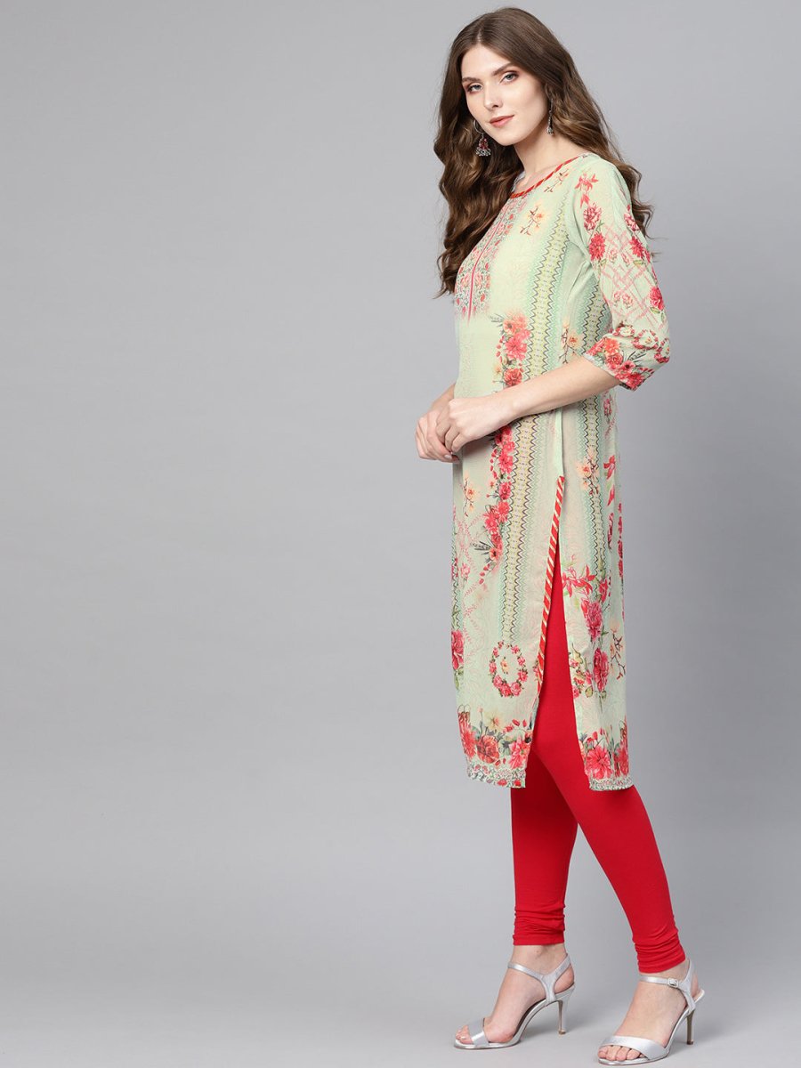 Ahalyaa Green & Coral Pink Floral Print Straight Kurta | Grocsy