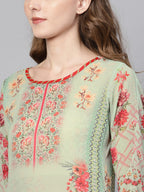 Ahalyaa Green & Coral Pink Floral Print Straight Kurta | Grocsy