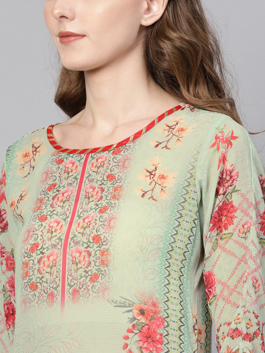 Ahalyaa Green & Coral Pink Floral Print Straight Kurta | Grocsy