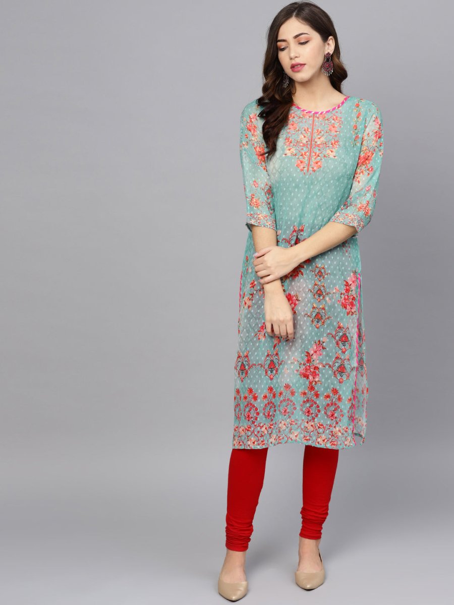 Ahalyaa Women Sea Green & Red Printed Straight Kurta | Grocsy