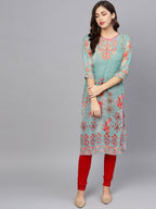Ahalyaa Women Sea Green & Red Printed Straight Kurta | Grocsy
