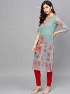 Ahalyaa Women Sea Green & Red Printed Straight Kurta | Grocsy