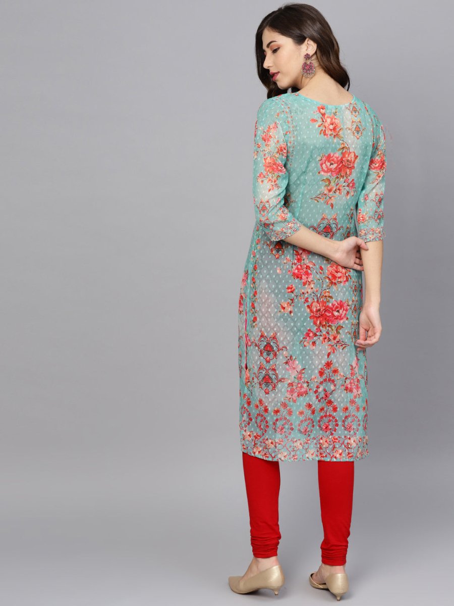 Ahalyaa Women Sea Green & Red Printed Straight Kurta | Grocsy