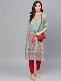 Ahalyaa Women Sea Green & Red Printed Straight Kurta | Grocsy