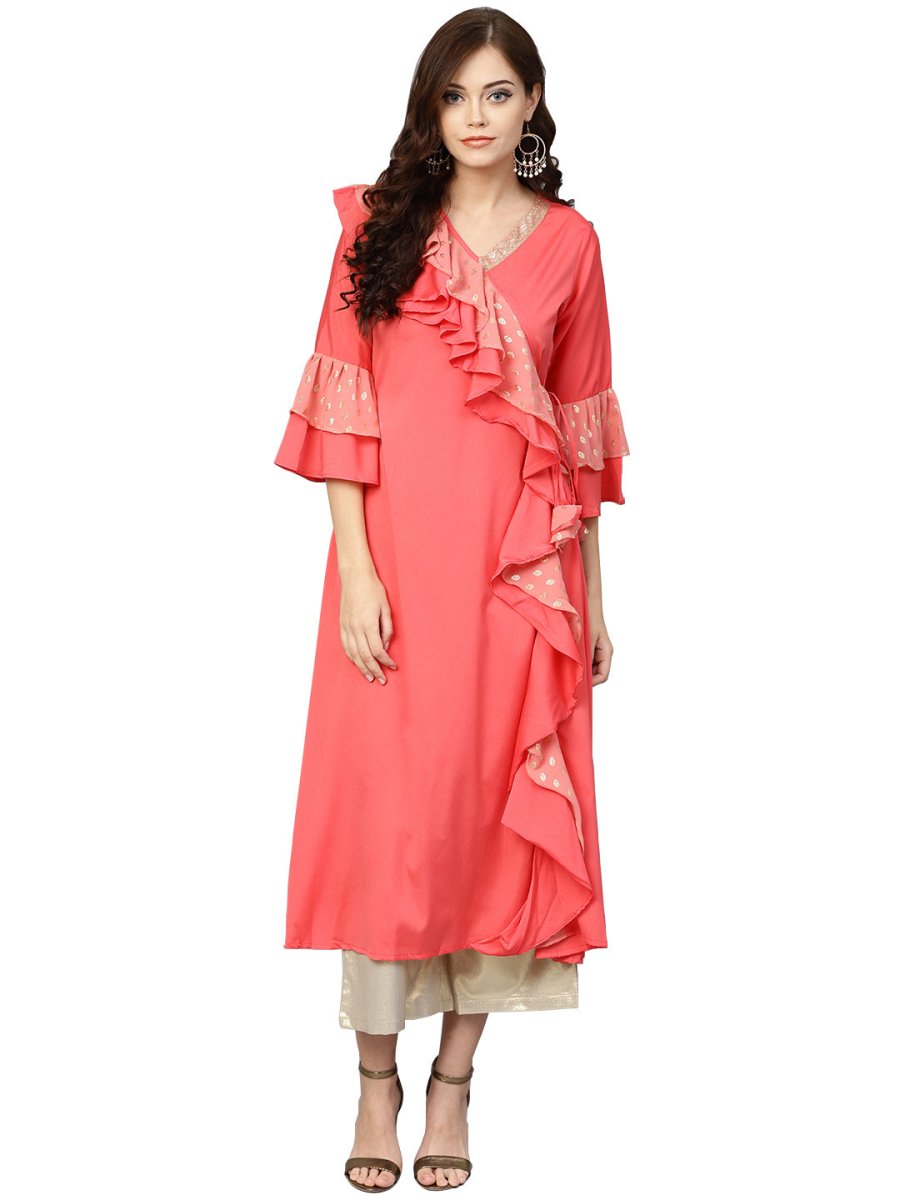 Ahalyaa Women Coral Pink Solid Ruffle Detail Angrakha Beautiful Kurta | Grocsy