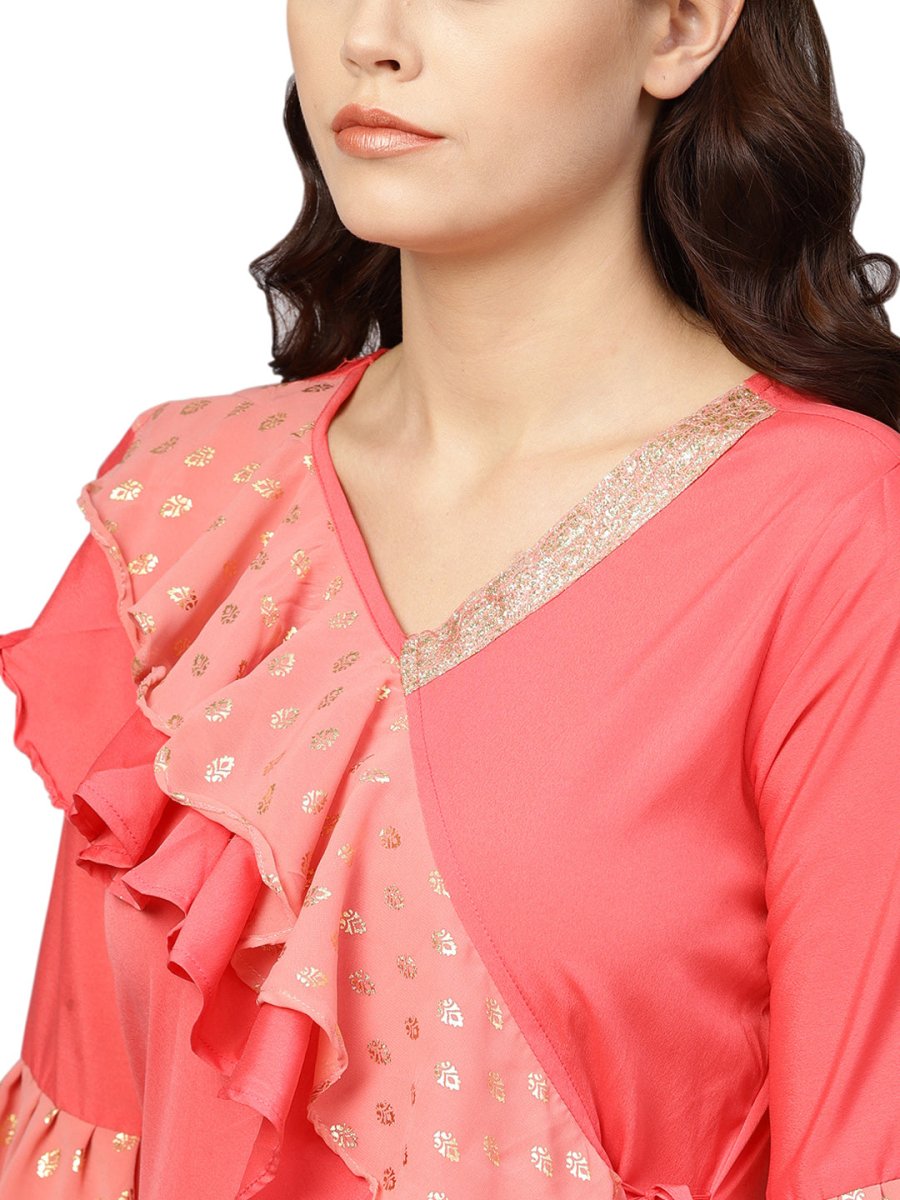 Ahalyaa Women Coral Pink Solid Ruffle Detail Angrakha Beautiful Kurta | Grocsy