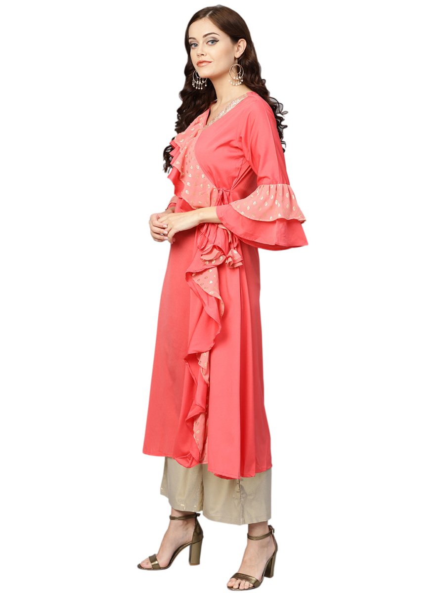 Ahalyaa Women Coral Pink Solid Ruffle Detail Angrakha Beautiful Kurta | Grocsy