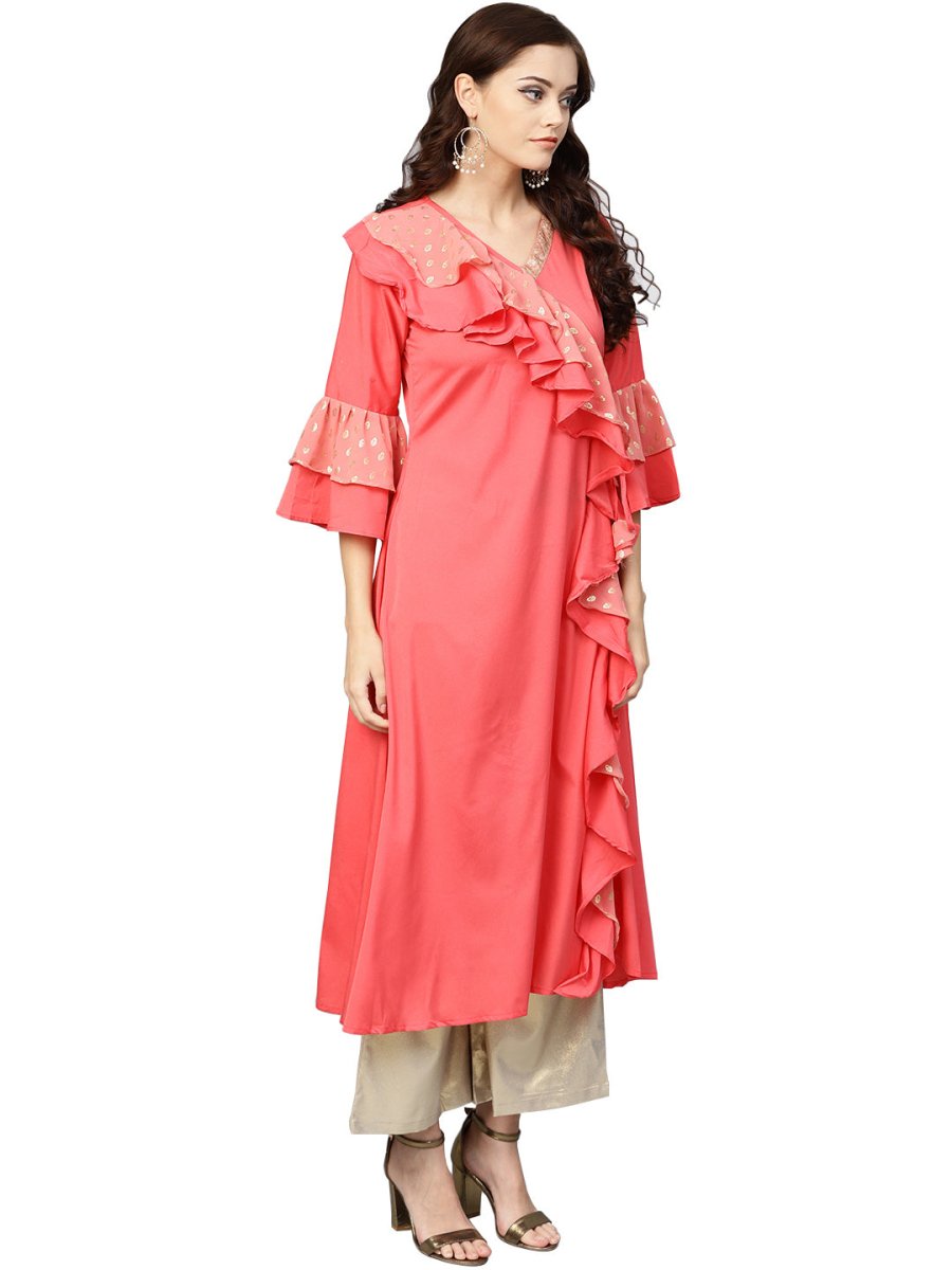 Ahalyaa Women Coral Pink Solid Ruffle Detail Angrakha Beautiful Kurta | Grocsy
