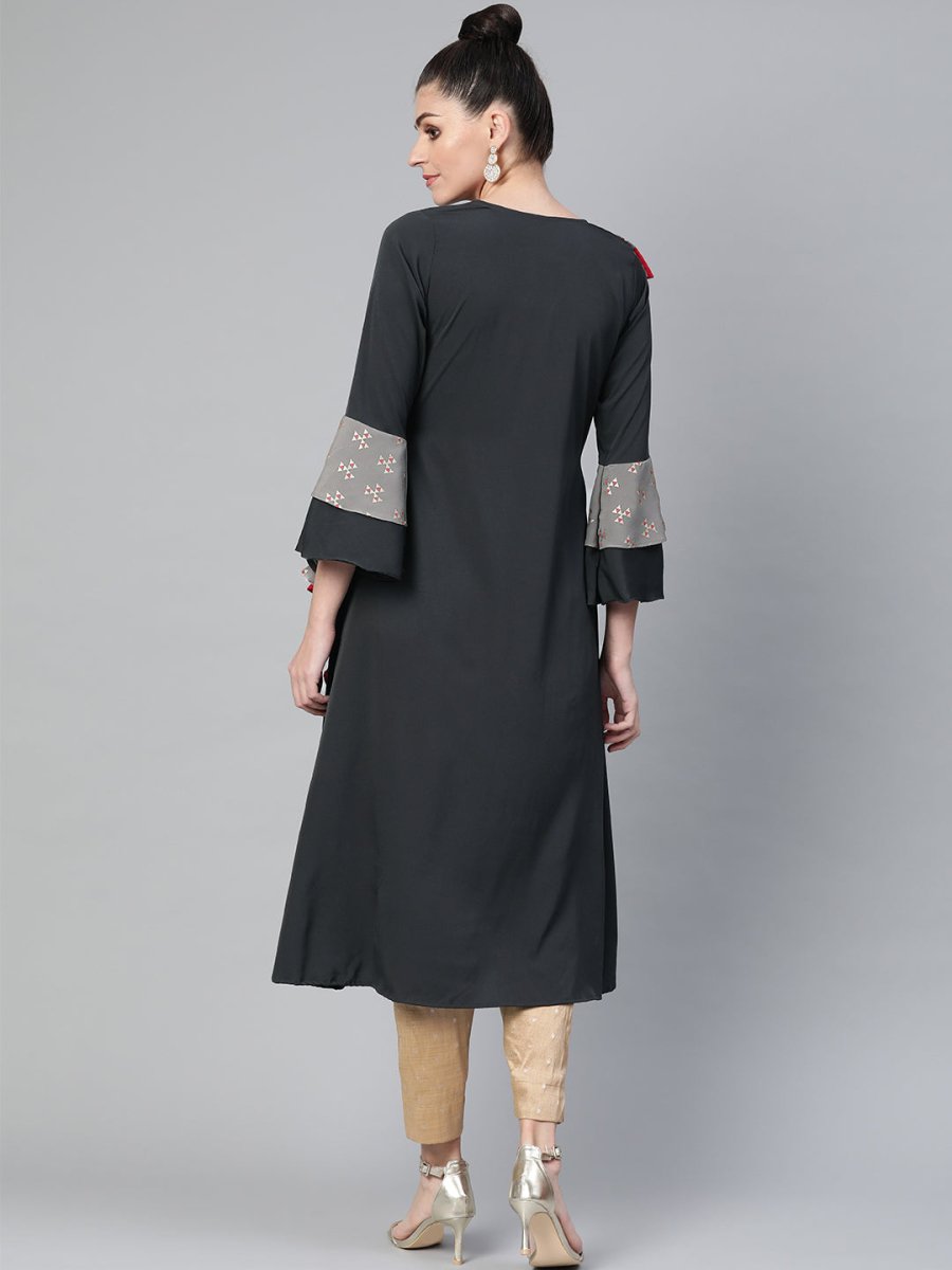 Ahalyaa Women Charcoal Grey Solid Ruffled Angrakha A-Line Kurta | Grocsy