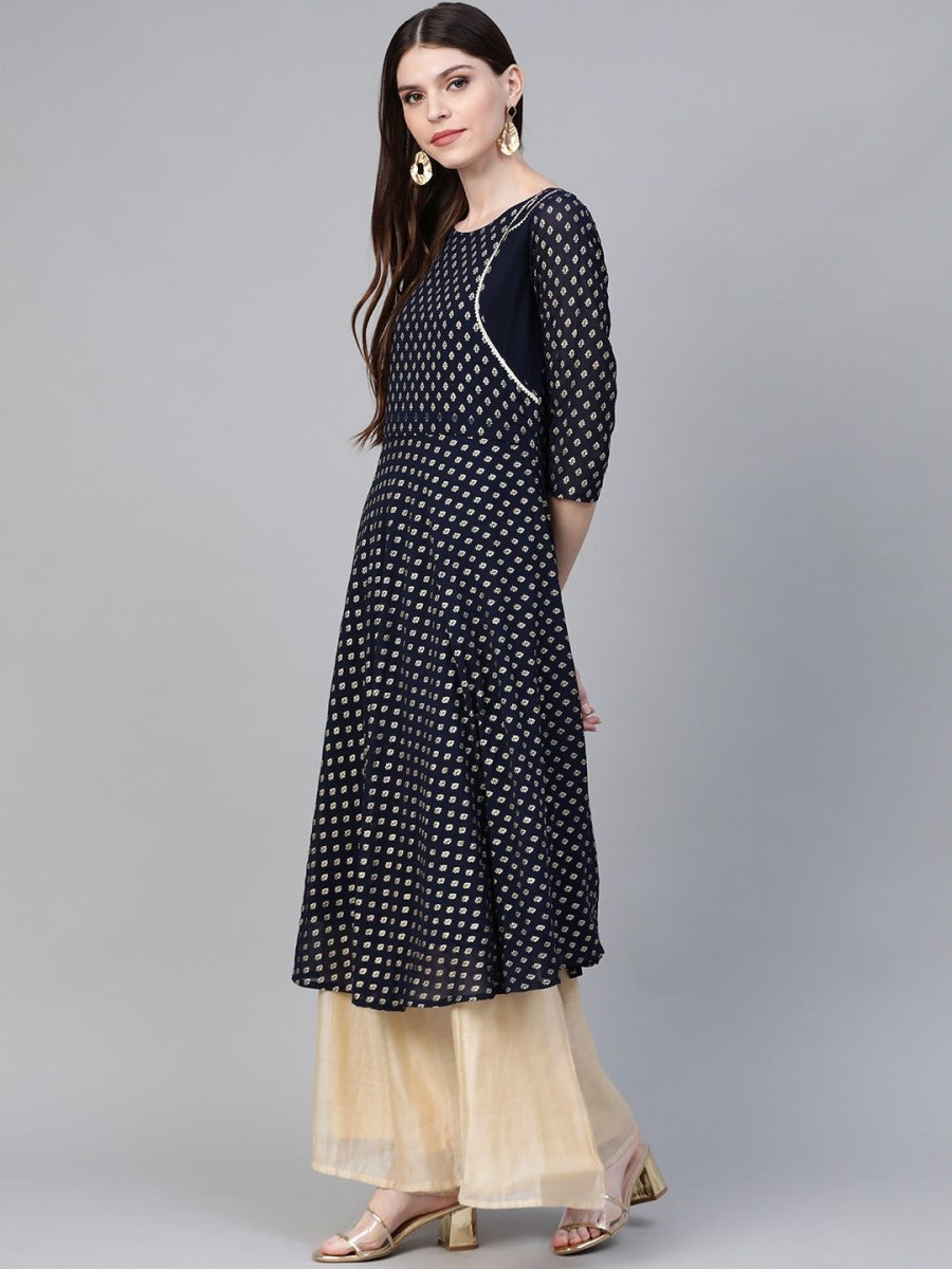 Ahalyaa Navy-Blue Printed Straight Kurta | Grocsy