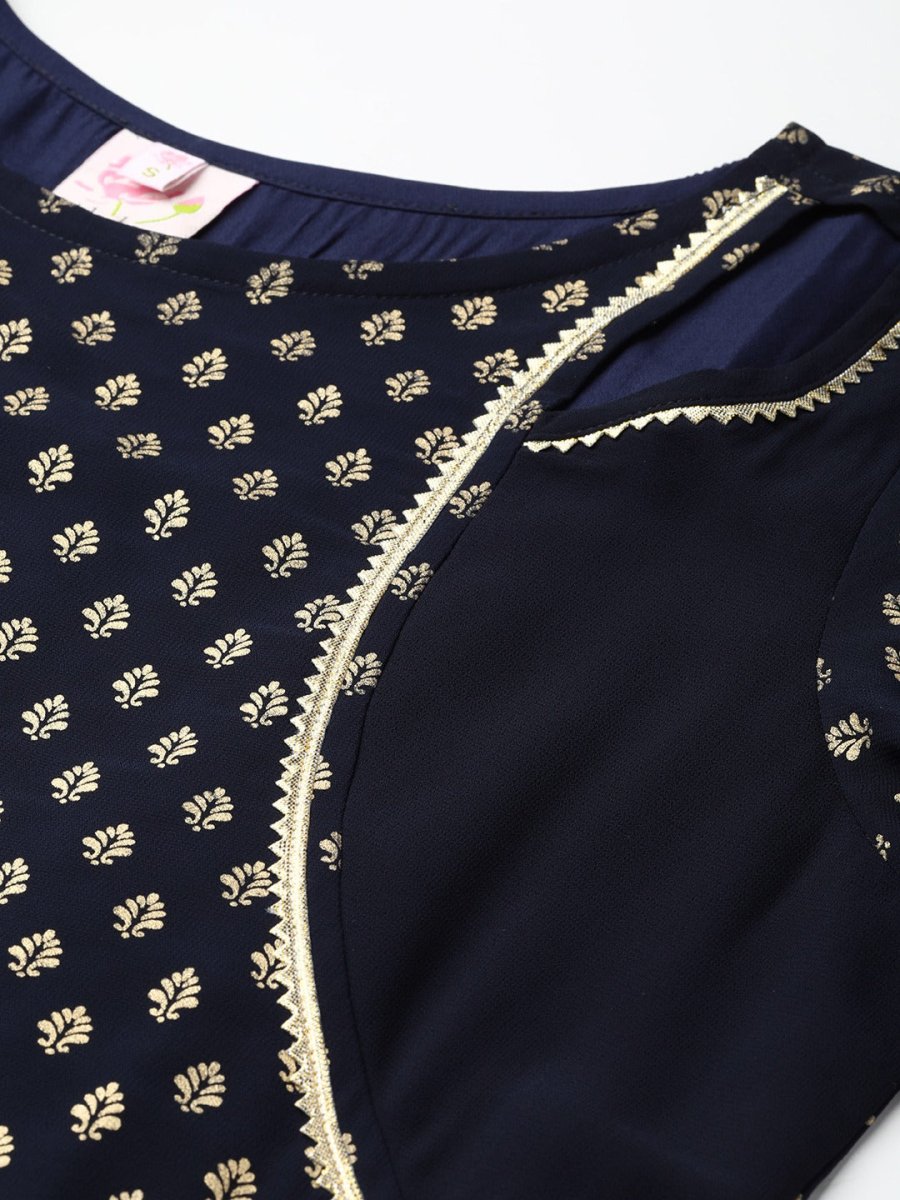 Ahalyaa Navy-Blue Printed Straight Kurta | Grocsy