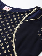 Ahalyaa Navy-Blue Printed Straight Kurta | Grocsy