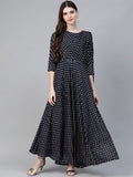 Ahalyaa Navy Blue & Golden Foil Printed Maxi Dress With Attached Dupatta | Grocsy