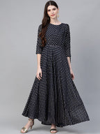 Ahalyaa Navy Blue & Golden Foil Printed Maxi Dress With Attached Dupatta | Grocsy