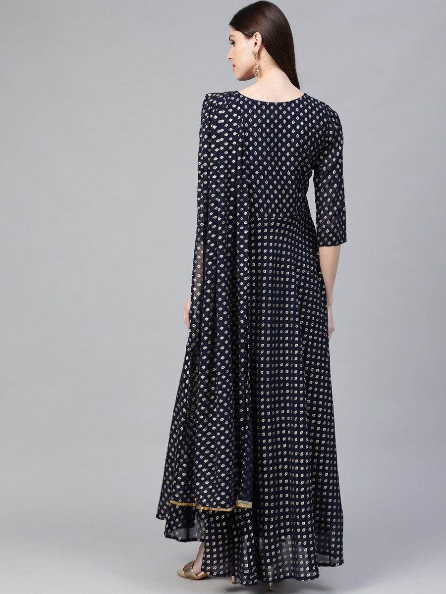 Ahalyaa Navy Blue & Golden Foil Printed Maxi Dress With Attached Dupatta | Grocsy