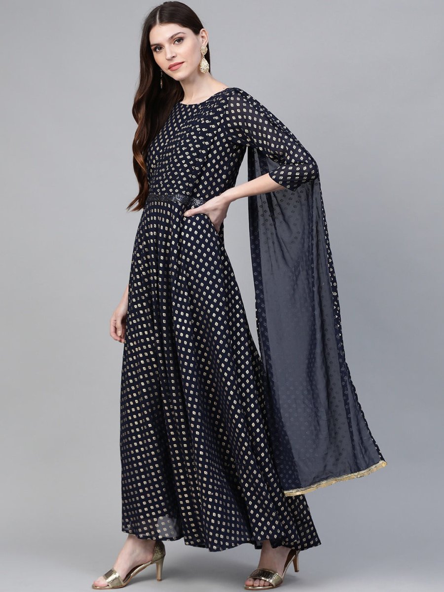 Ahalyaa Navy Blue & Golden Foil Printed Maxi Dress With Attached Dupatta | Grocsy