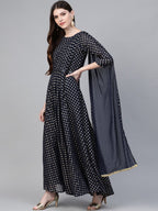 Ahalyaa Navy Blue & Golden Foil Printed Maxi Dress With Attached Dupatta | Grocsy