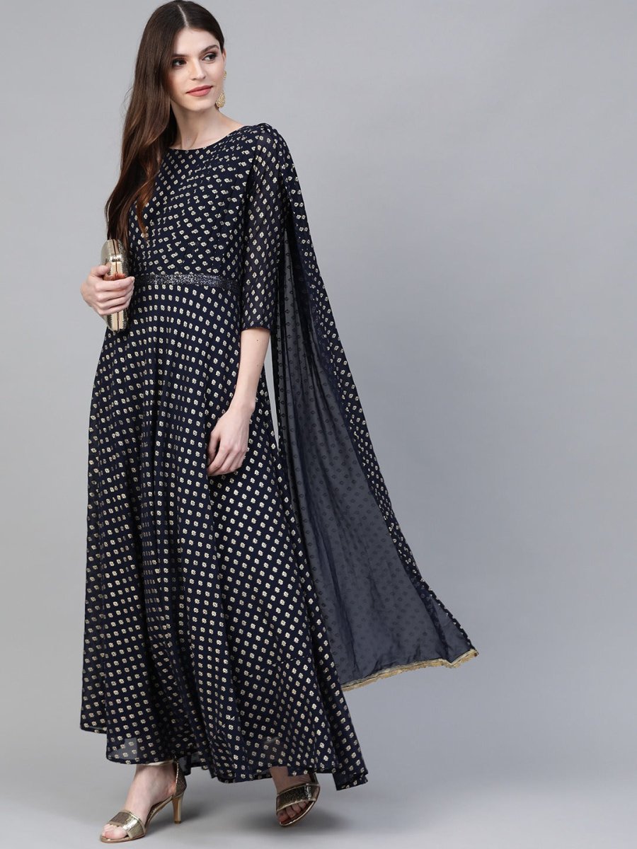 Ahalyaa Navy Blue & Golden Foil Printed Maxi Dress With Attached Dupatta | Grocsy