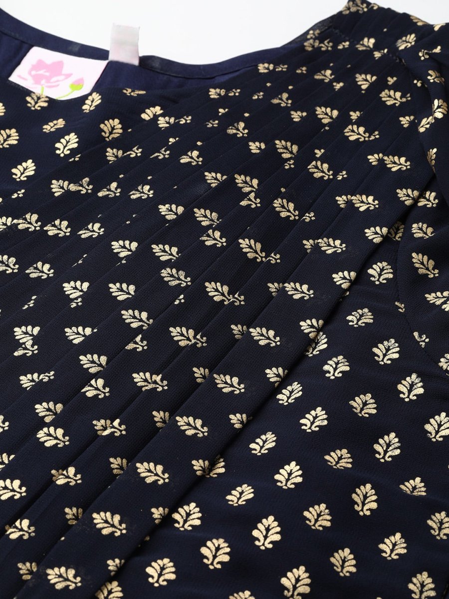 Ahalyaa Navy Blue & Golden Foil Printed Maxi Dress With Attached Dupatta | Grocsy