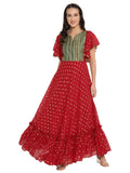 Ahalyaa Maroon & Golden Printed Fit and Flare Maxi Dress | Grocsy
