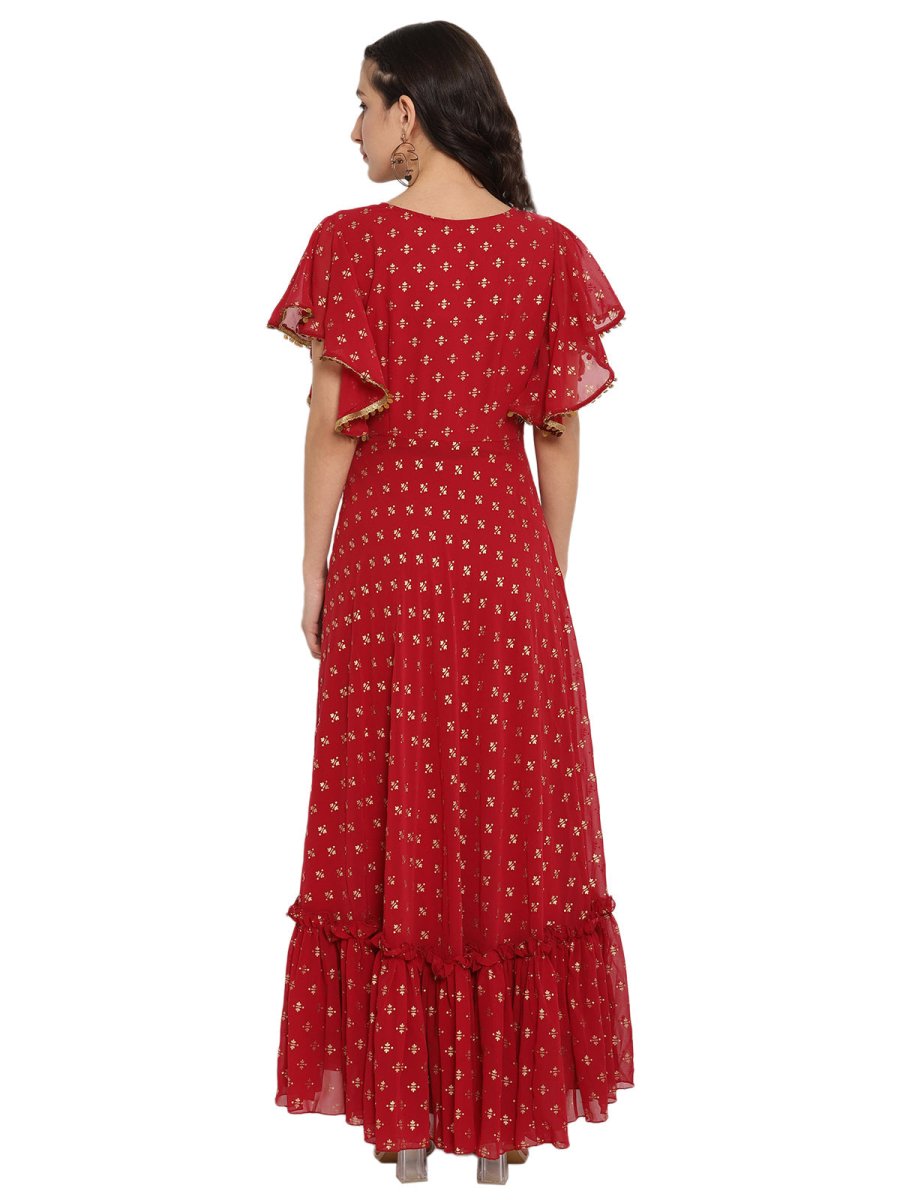 Ahalyaa Maroon & Golden Printed Fit and Flare Maxi Dress | Grocsy